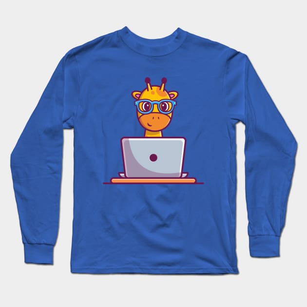 Cute Giraffe Operating Laptop Cartoon Long Sleeve T-Shirt by Catalyst Labs